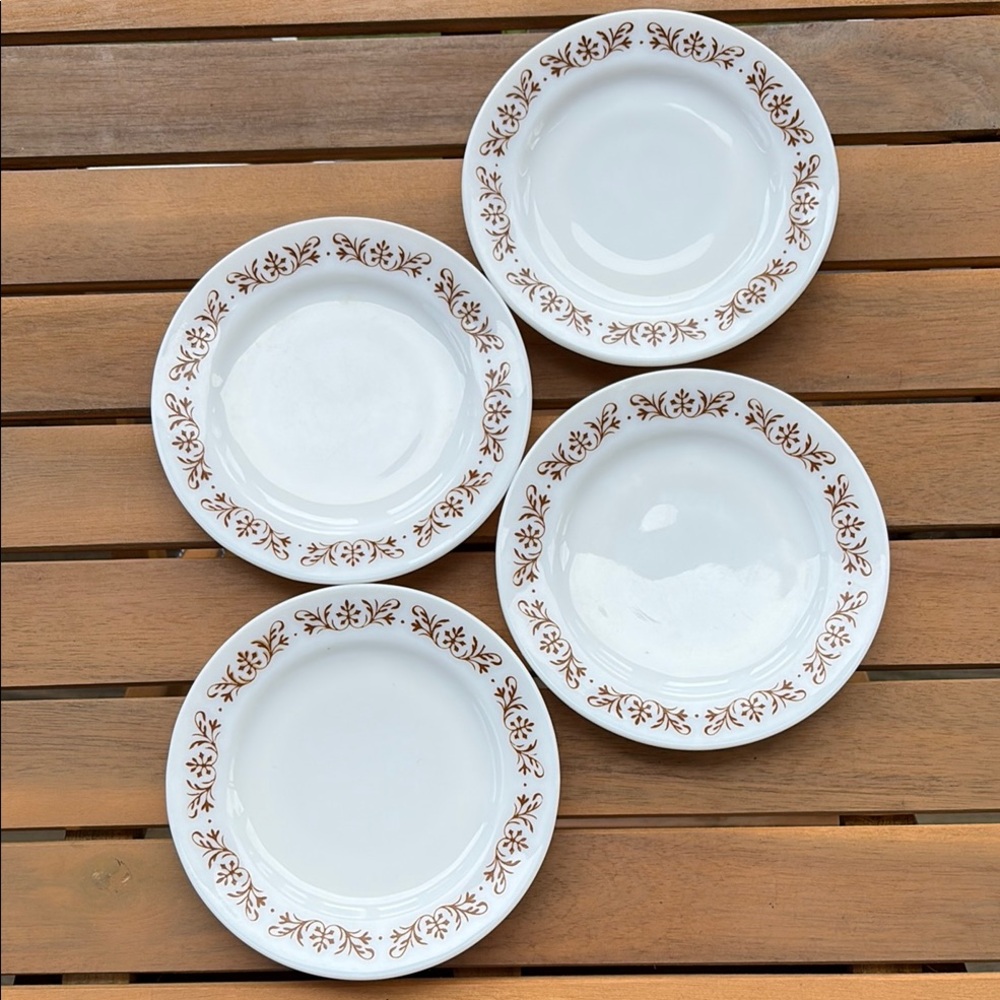 4 Vintage Anchor Hocking Plates Copper Filigree